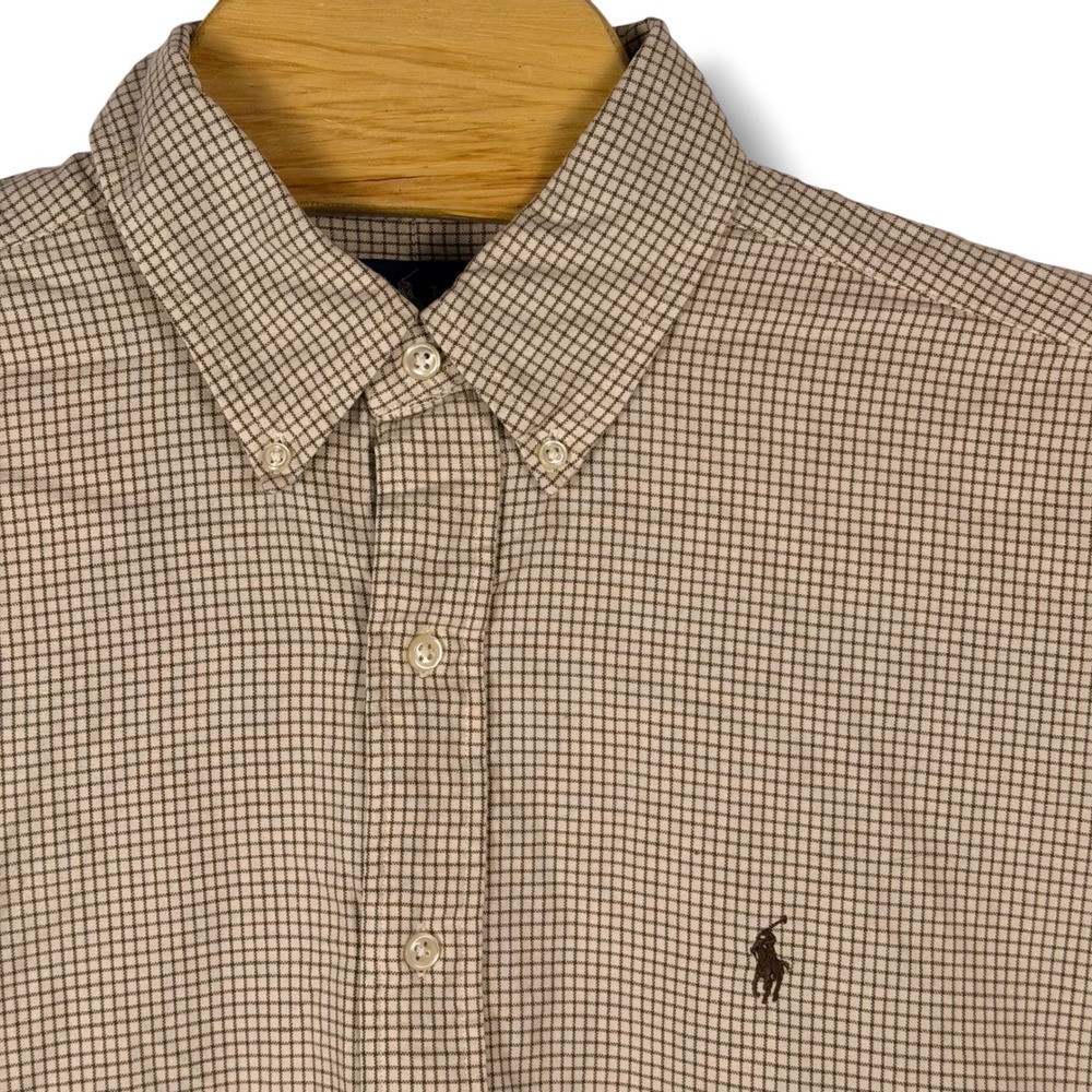Ralph Lauren Button Down Shirt Men XL Tan Brown Check Cotton Blake Short Sleeve